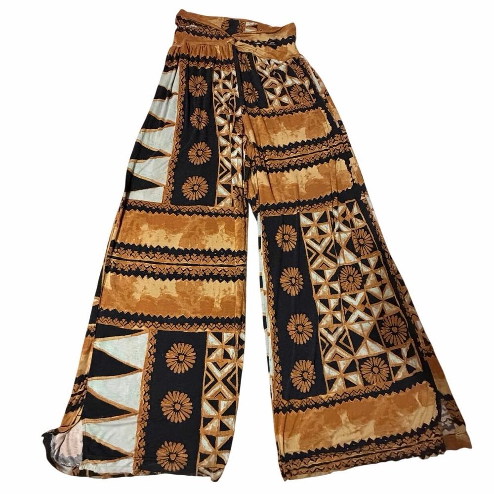 Free People Movement Boho Brown & Blue Printed Wide Leg Flowing Yoga Pants Med